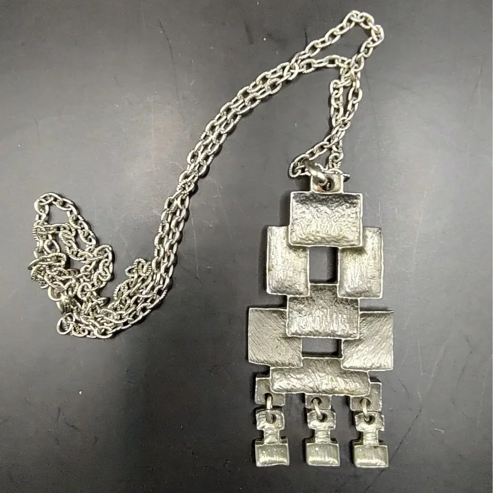 Vintage Silver Tone Pendent with Center Cutouts Second Tier Modernist Geometric